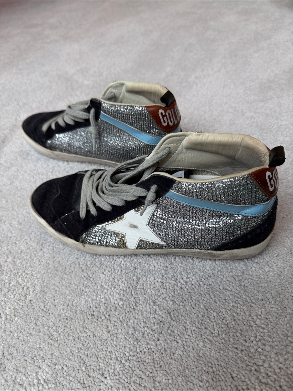 Goldstar Silver Glitter High-Top Sneakers with Black Suede